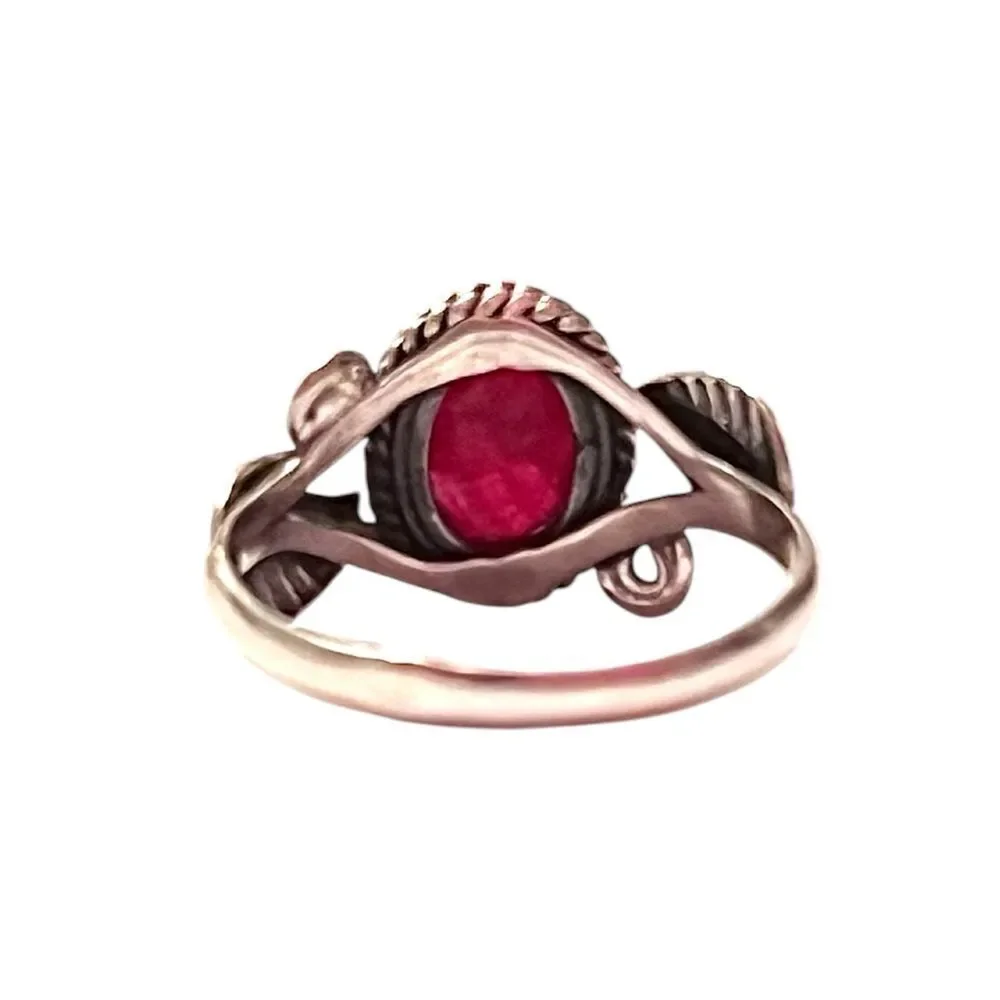 Artisan Sterling Silver Ruby Leaf Ring Size 6.5
